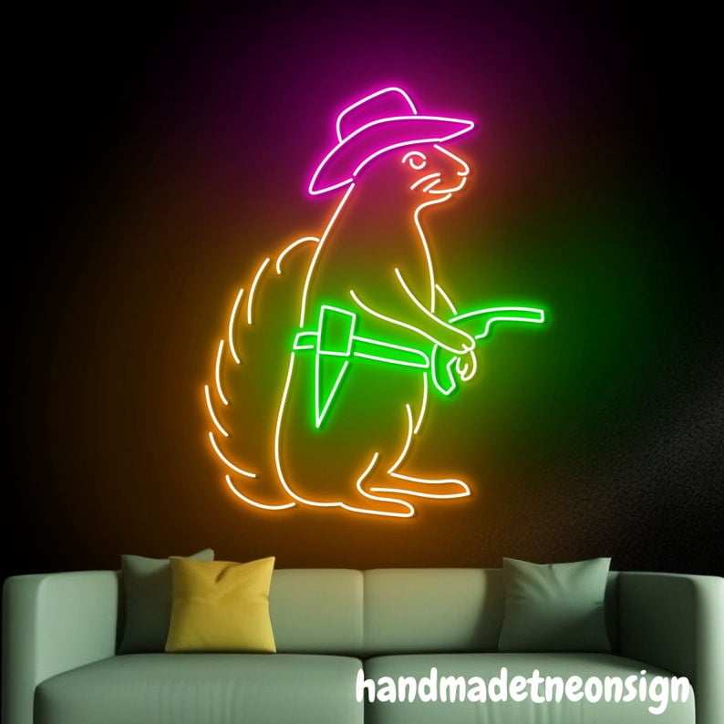 Squirrel Rave Sign Handmadetneonsign Cowboy Squirrel Neon Sign, Western Squirrel Wall Art ...