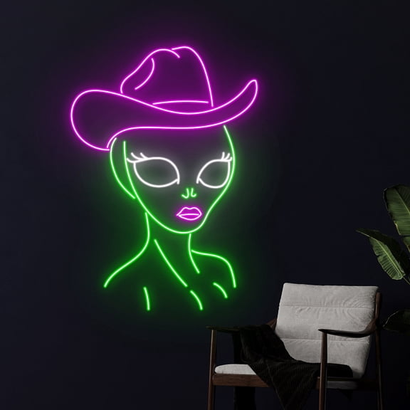 Handmadetneonsign Cowgirl Alien Led Sign, Alien Cowboy Girl Neon Light, Alien Cowboy Hat Neon Sign