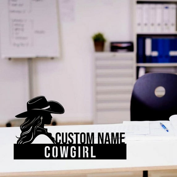 Handmadetneonsign Cowgirl Metal Nameplate, Cowgirl Desk Name Plate, Cowgirl Desk Nameplate