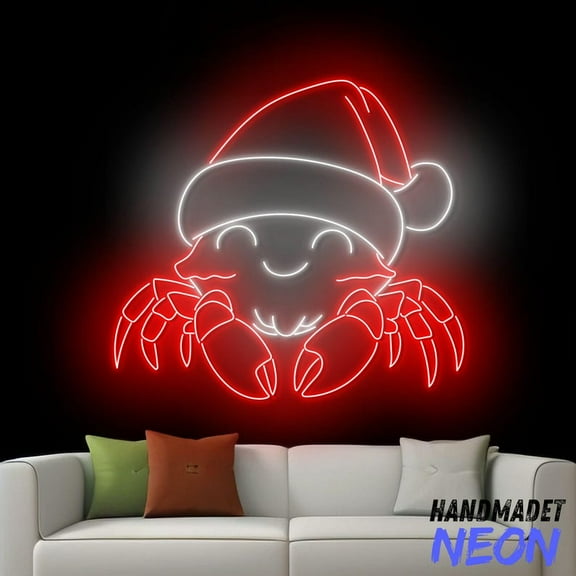 Handmadetneonsign Crab Christmas Hat Neon Sign, Christmas Crab Led Sign, Wall Art, House Wall Decor 92879