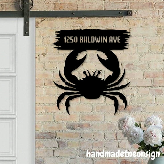 Handmadetneonsign Crab House Number, Crab Home Address Metal, Custom House Address Sign, Address Sign 70108