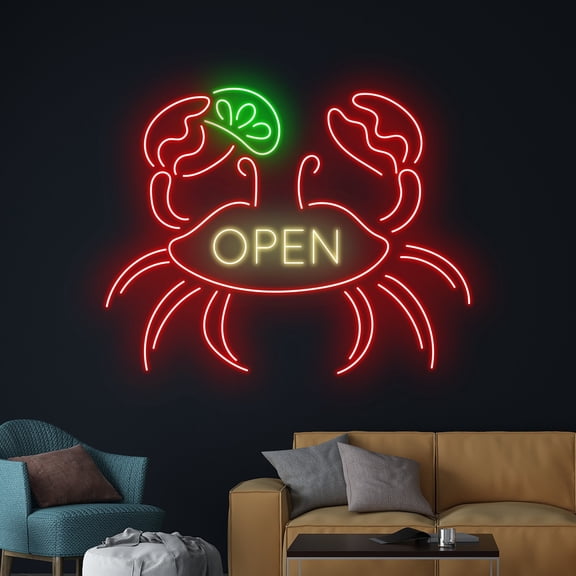 Handmadetneonsign Crab Open Neon Sign, Open Crab Led Sign, Crab Led Light, Crab Neon Light