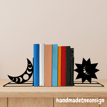 Handmadetneonsign Crescent Moon Metal Bookends Moon Name Bookend, Crescent Moon Table Bookshelf Decor 039983