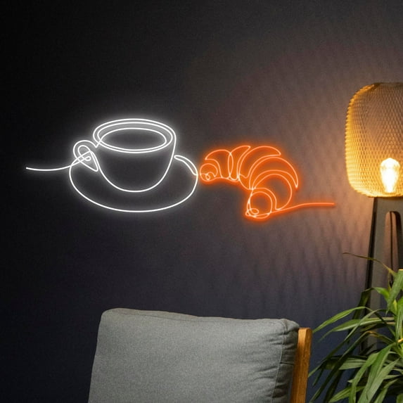 Handmadetneonsign Croissant Coffee Neon Sign, Cafe Croissant Neon Light, Tea Cup Croissant LED