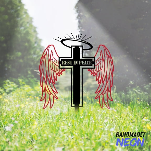 Handmadetneonsign Cross Memorial Stake, Wings Garden Metal Stake, Cross Yard Stake Outdoor Decor 044810