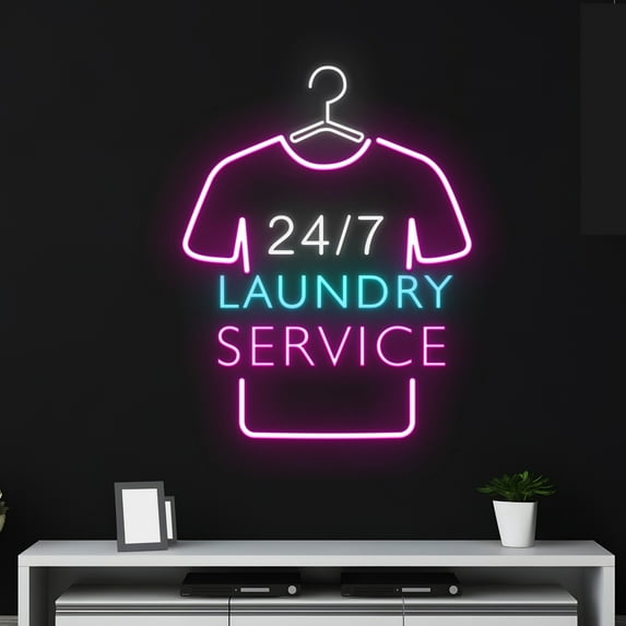 Handmadetneonsign Custom 24/7 Laundry Service Led Sign, Wardrobe Hanger Neon Sign, Clothes Hanger