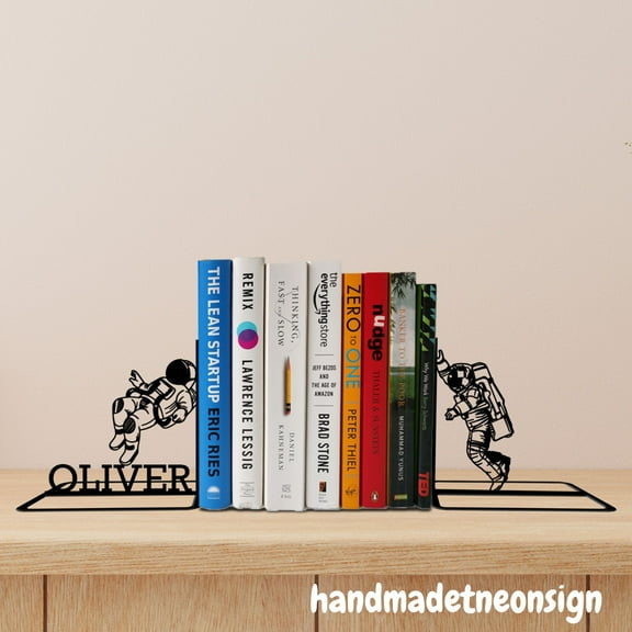 Handmadetneonsign Custom Astronaut Metal Bookends, Bookworm Name Bookend, Spaceman Bookshelf Decor 69385