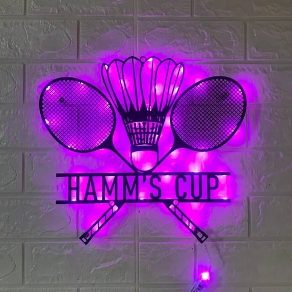 Handmadetneonsign Custom Badminton Crossed Rackets and Shuttle Metal Wall Art LED Light - Personalize