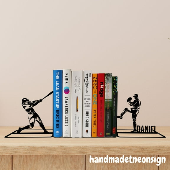 Handmadetneonsign Custom Baseball Metal Bookends, Baseball Player Name Bookend, Bookshelf Decor 69397