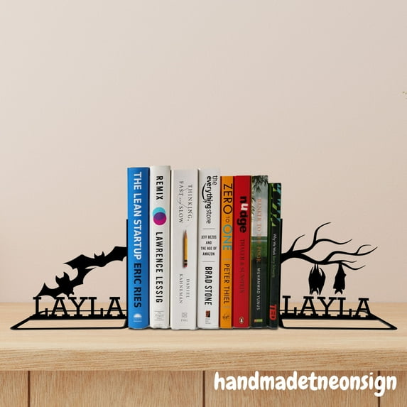 Handmadetneonsign Custom Bats Metal Bookends, Modern Bookend, Bookshelf Decor, Bookends For Shelves 69403
