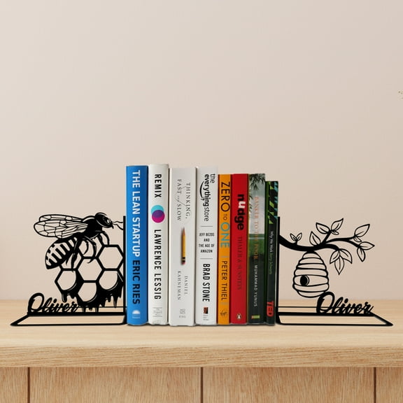 Handmadetneonsign Custom Bee Metal Bookends, Bookworm Name Bookend, Bee Table Sign, Bookshelf Decor 68939