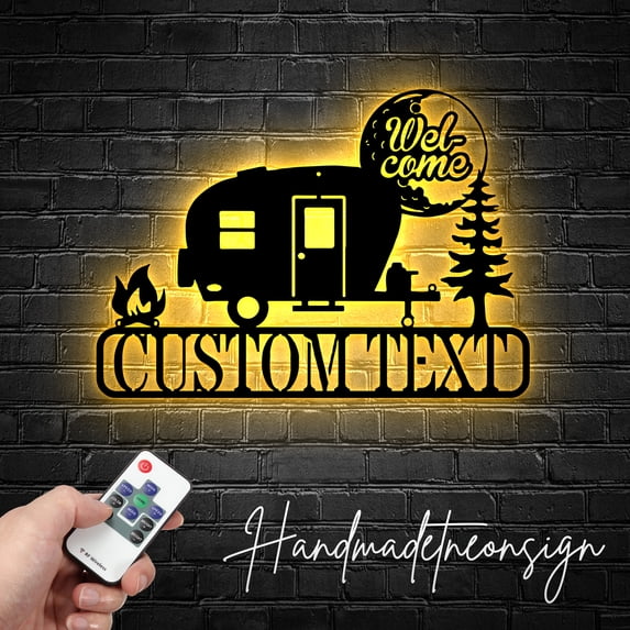 Handmadetneonsign Custom Camper Van Metal Wall Art LED Light, Wild Camping Metal Sign, Caravan Metal