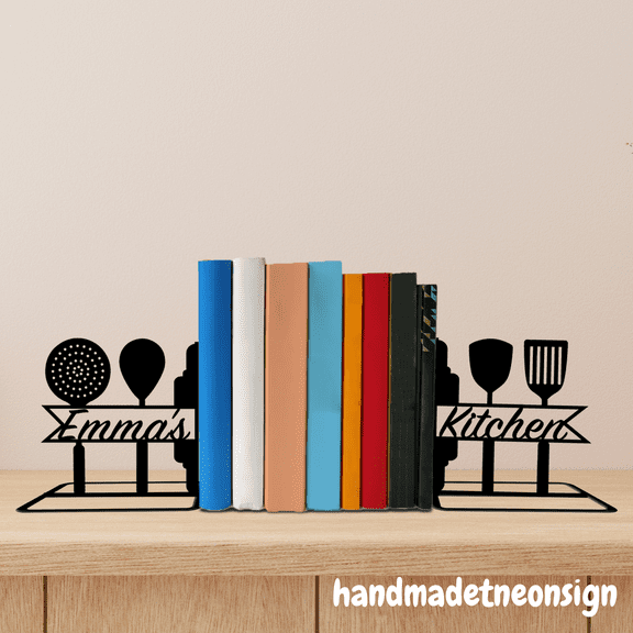 Handmadetneonsign Custom Cookbook Metal Bookends, Chef Name Bookend, Shelf Decor, Kitchen Decor 71407