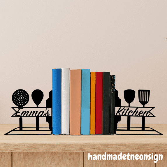 Handmadetneonsign Custom Cookbook Metal Bookends, Chef Name Bookend, Shelf Decor, Kitchen Decor 71407