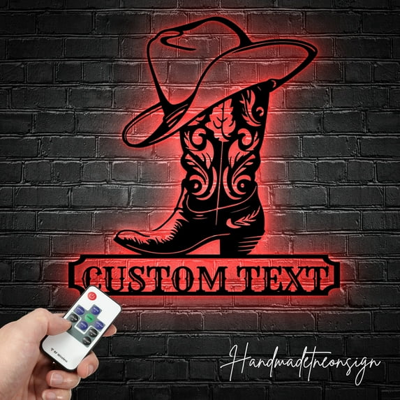 Handmadetneonsign Custom Cowboy Hat Boots Metal Wall Art LED Light - Personalized Western Horse
