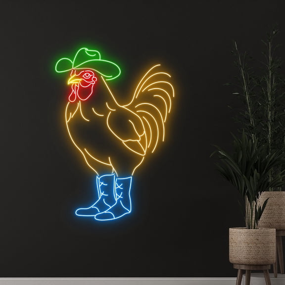 Handmadetneonsign Custom Cowboy Rooster Neon Light, Cowboy Chicken Led Light, Rooster Cowboy Led