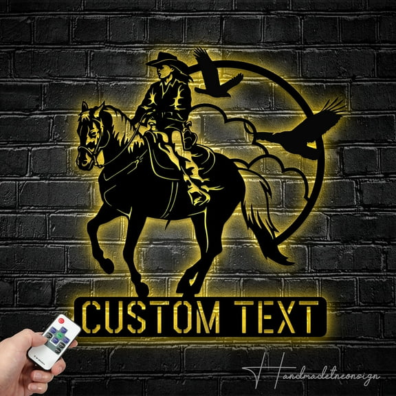 Handmadetneonsign Custom Cowgirl Metal Wall Art LED Light - Personalized Cowgirl Riding Horse Name