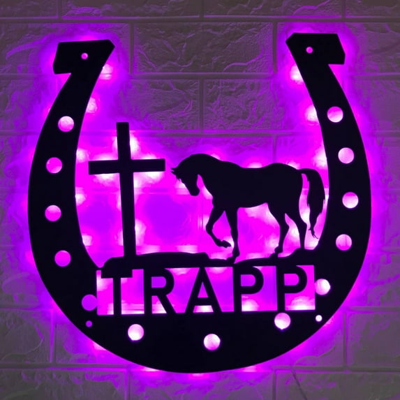 Handmadetneonsign Custom Cross Horse Horseshoe Metal Wall Art LED Light - Personalized Christ Horse