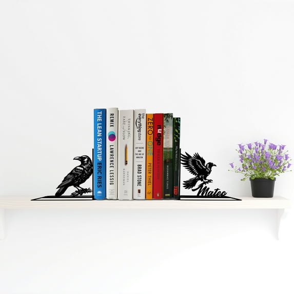 Handmadetneonsign Custom Crows Raven Metal Bookends, Bookworm Name Bookend, Bird Bookshelf Decor 68987