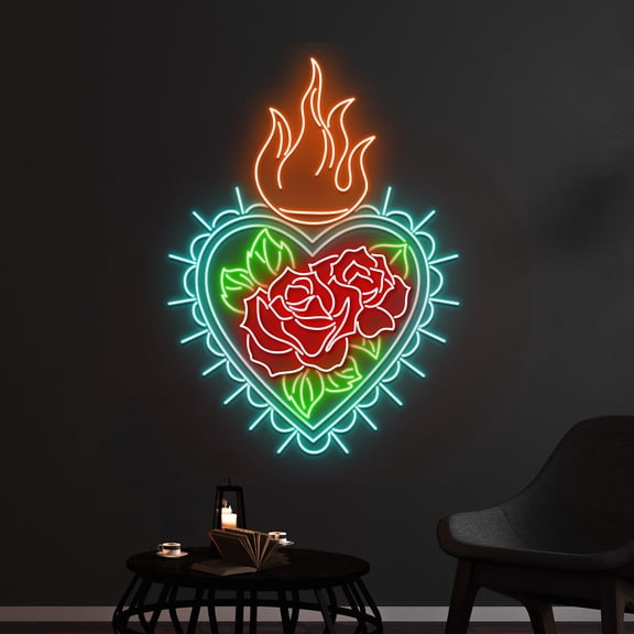 Handmadetneonsign Custom Flaming Heart Rose Flower Neon Sign, Fire Rose Flower Heart LED Light
