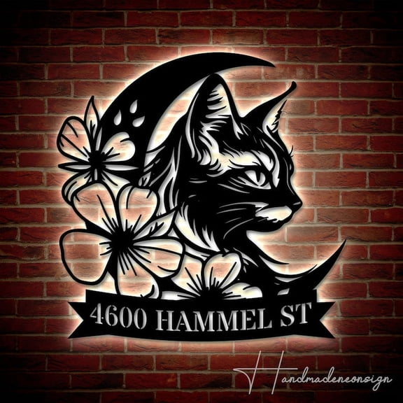 Handmadetneonsign Custom Floral Moon Cat Home Number Metal Sign, Floral Moon Cat Address Metal Sign