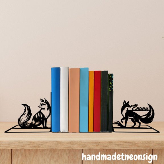 Handmadetneonsign Custom Fox Metal Bookends, Bookworm Name Bookend, Animal Bookshelf Decor, Book Stand 69011