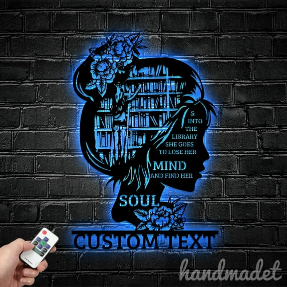 Handmadetneonsign Custom Girl Book Metal Wall Art LED Light, Flower Lady Book Metal Sign, Floral Book Metal Sign