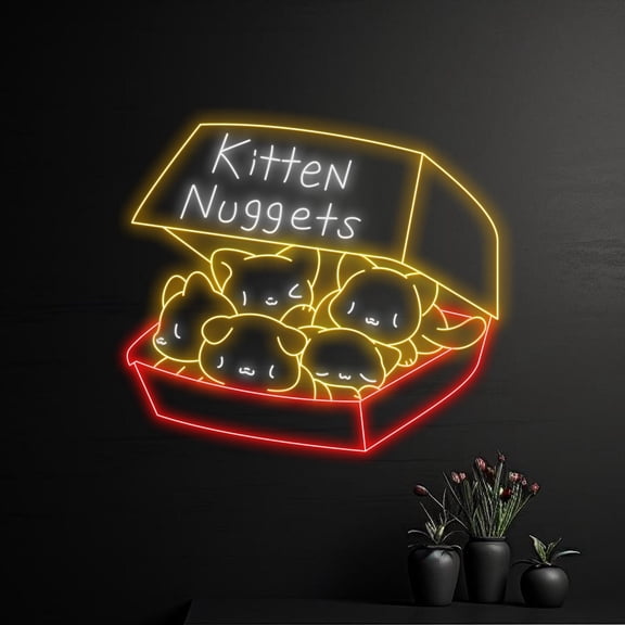 Handmadetneonsign Custom Kitten Nuggets Neon Sign, Cat Chicken Nuggets Led Sign, Fried Chicken Cat