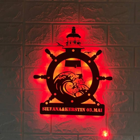 Handmadetneonsign Custom Lighthouse Sailing Wheel Ocean Wave Metal Wall Art LED Light - Personalize