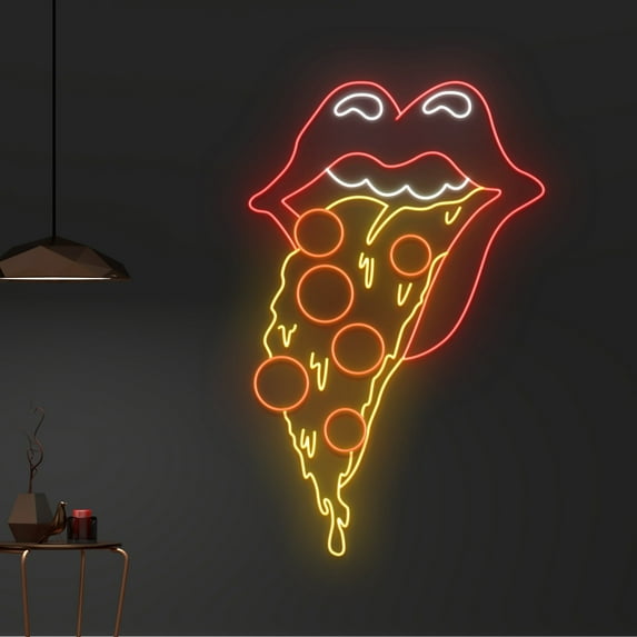 Handmadetneonsign Custom Lips Eating Pizza Neon Sign, Italian Food Name LED Sign, Pizza Slice Neon