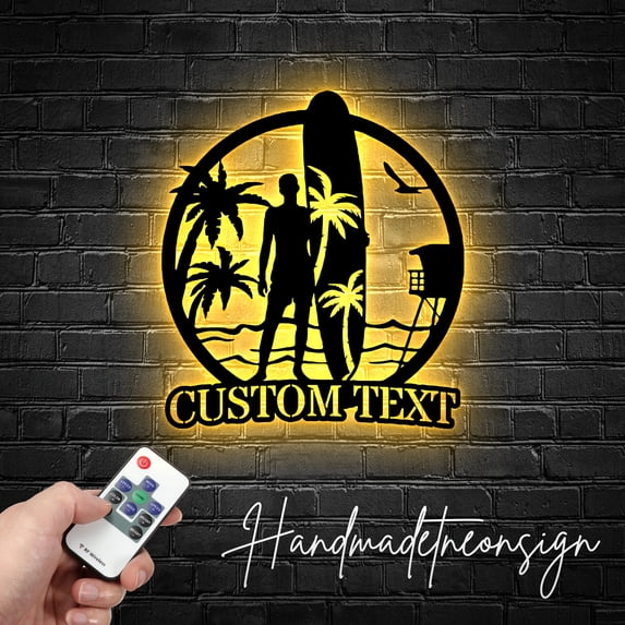 Handmadetneonsign Custom Longboard Male Beach Surfing Metal Wall Art LED Light - Personalized Surfboad