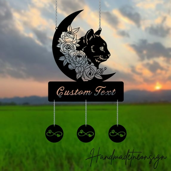 Handmadetneonsign Custom Metal Black Moon Cat Wind Chime,Outdoor Hanger Decor,International Cat Day