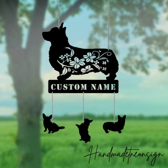 Handmadetneonsign Custom Metal Corgi Dog Wind Chime, Personalized Metal Corgi Garden Decor