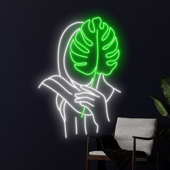 Handmadetneonsign Custom Monstera Leaf Lady Neon Light, Monstera Leaves Woman Led Light,Green Plant