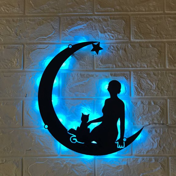 Handmadetneonsign Custom Moon Cat Girl Metal Wall Art LED Light - Personalized Moon Cat Lady Name Sign