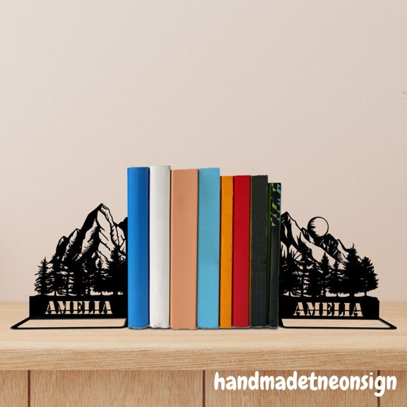 Handmadetneonsign Custom Mountain Metal Bookends, Mountain Name Bookend, Metal Modern Bookends 69535