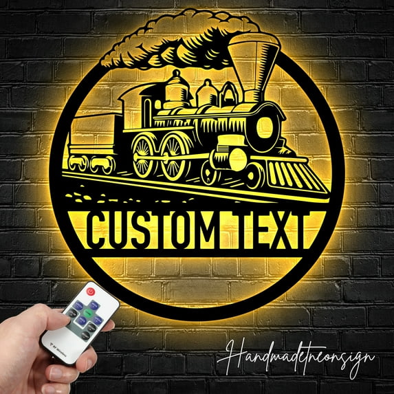 Handmadetneonsign Custom Name Steam Train Locomotive Metal Wall Art with LED Light - Personalized Train