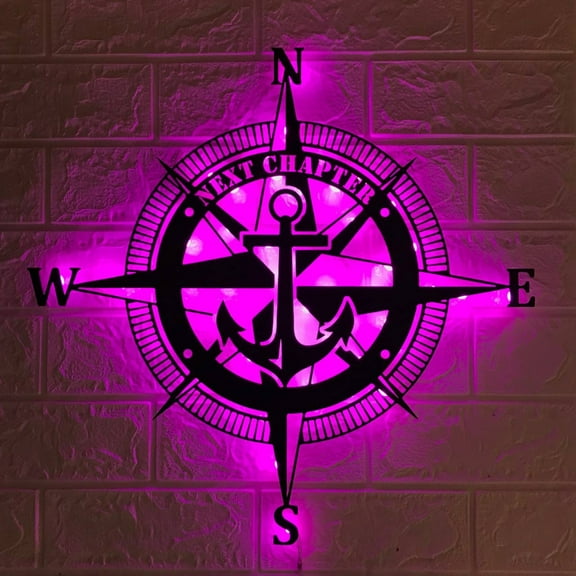 Handmadetneonsign Custom Nautical Compass and Anchor Metal Wall Art LED Light - Personalized Compas