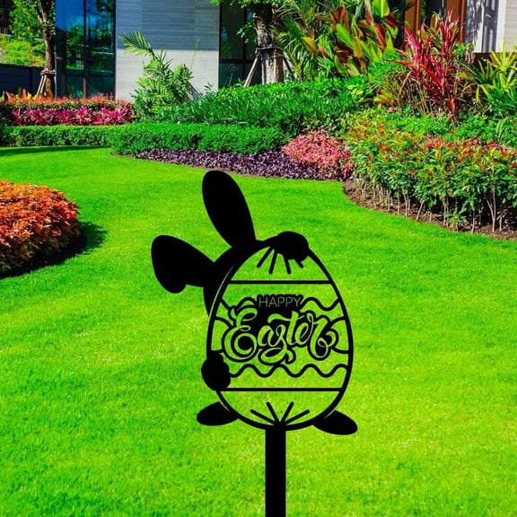 Handmadetneonsign Custom Outdoor Happy Easter Rabbit Egg Metal Sign With Stakes, Rabbit Egg Metal