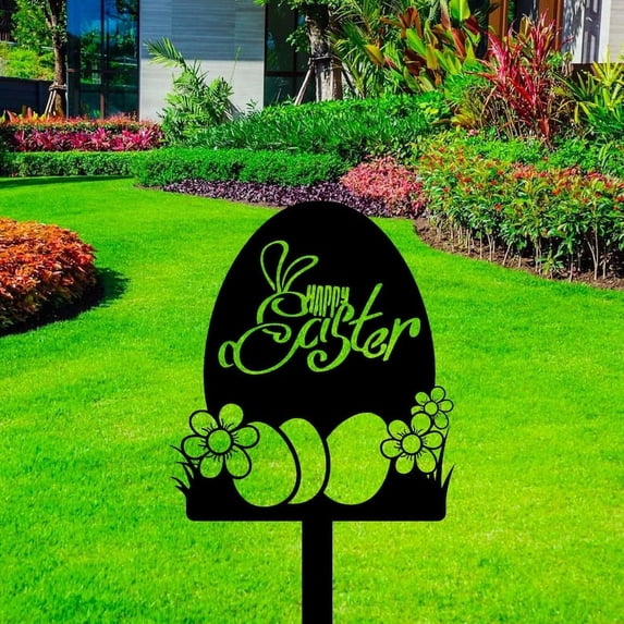Handmadetneonsign Custom Outdoor Happy Easter Rabbit Egg Metal Sign With Stakes, Rabbit Egg Name