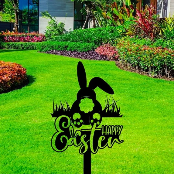 Handmadetneonsign Custom Outdoor Happy Easter Rabbit Metal Sign With Stake, Rabbit Metal Name