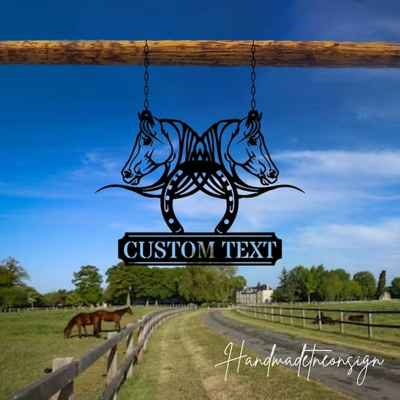 Handmadetneonsign Custom Outdoor Horses Farm Metal Wall Art Hanging, Outdoor Horseshoe Farm Name