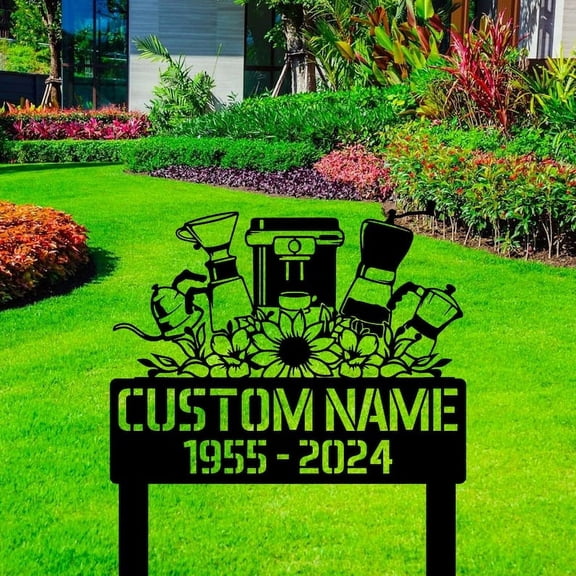 Handmadetneonsign Custom Outdoor Memorial Barista Metal Sign With Stakes, Coffee Maker Man Name