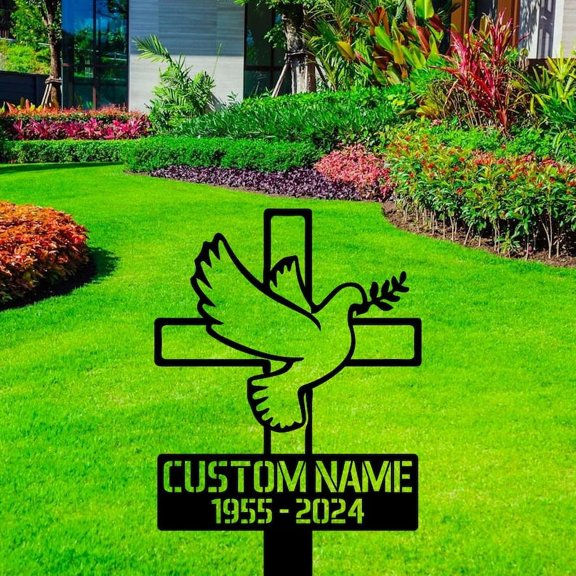 Handmadetneonsign Custom Outdoor Memorial Jesus Cross Dove Metal Sign With Stakes, Jesus Cross Name