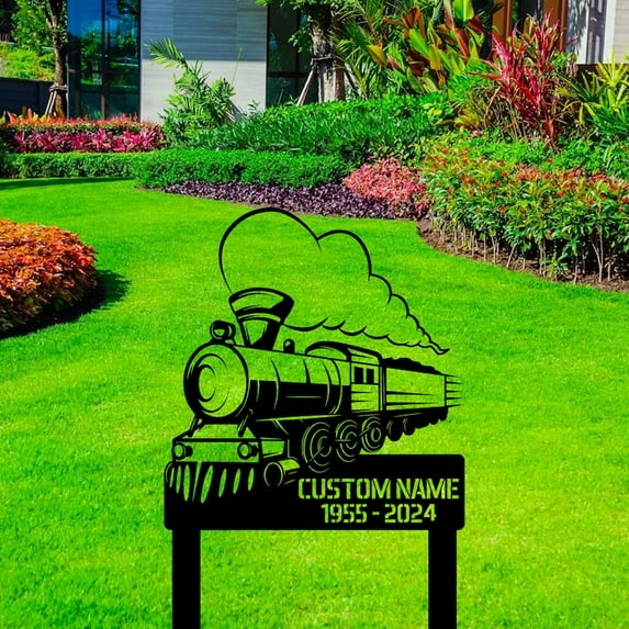 Handmadetneonsign Custom Outdoor Memorial Train Metal Sign With Stakes, Train Driver Name Metal