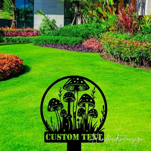 Handmadetneonsign Custom Outdoor Mushroom Garden Metal Sign With Stakes, Custom Name Garden Yard