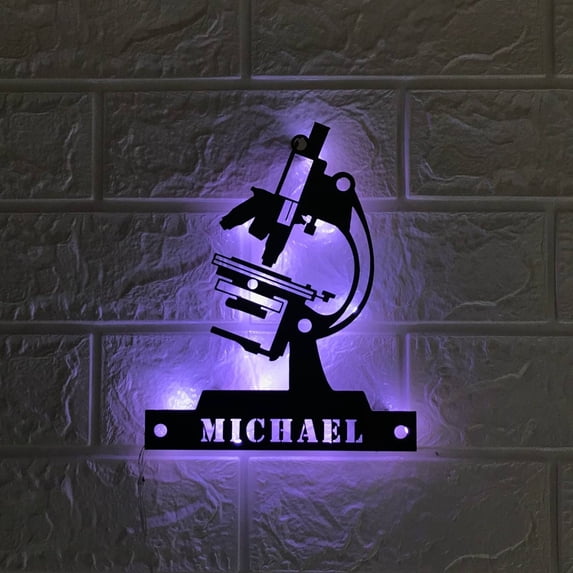 Handmadetneonsign Custom Scientist Microscope Metal Wall Art LED Light - Personalized Biologist Name