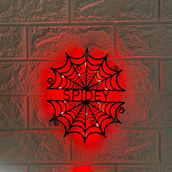 Handmadetneonsign Custom Spider Web Metal Wall Art LED Light - Personalized Creepy Spider Web Name