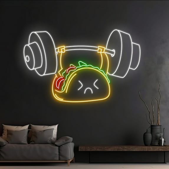 Handmadetneonsign Custom Tacos Lifts The Weight Neon Sign, Tacos Dumbbell LED Sign, Barbell Taco