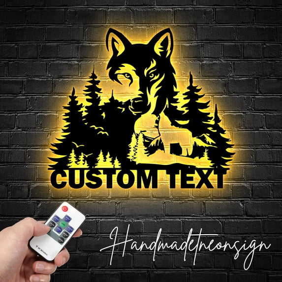 Handmadetneonsign Custom Wolf In Forest Metal Wall Art LED Light - Personalized Wolf Metal Sign Home